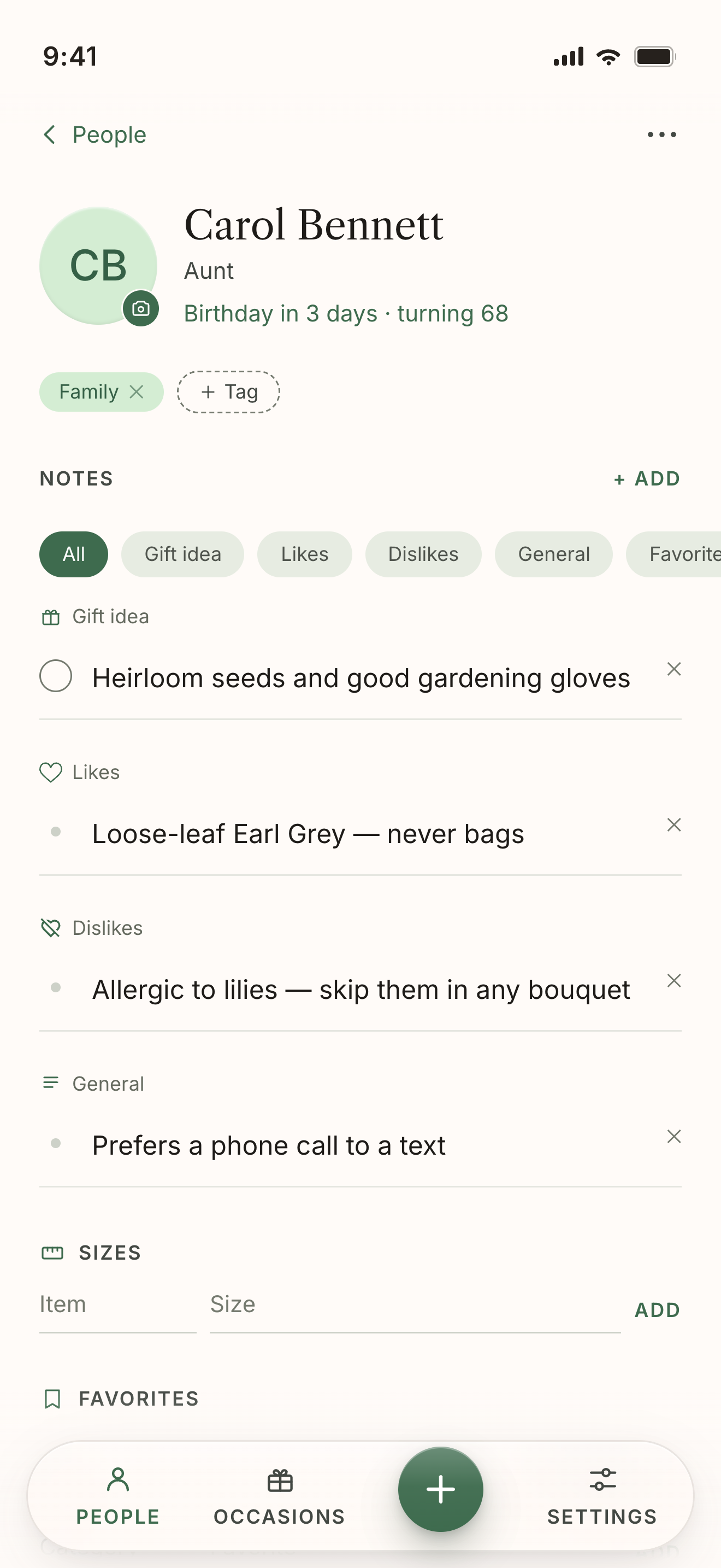 A person's page in Sila — Carol Bennett, showing her gift idea, likes, dislikes and a note, with her birthday in 3 days.